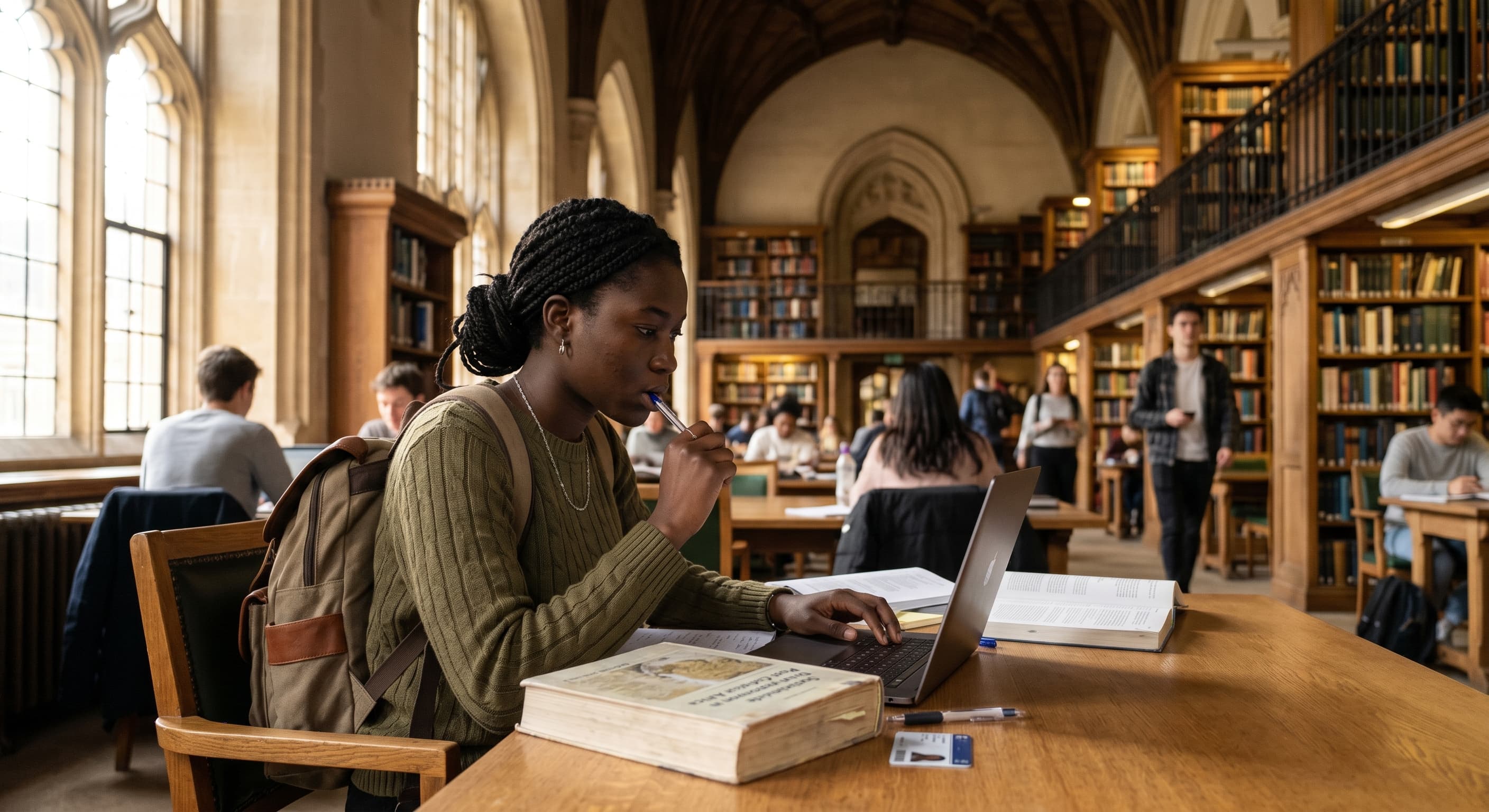 Étudiante africaine concentrée sur son ordinateur dans une bibliothèque universitaire historique européenne