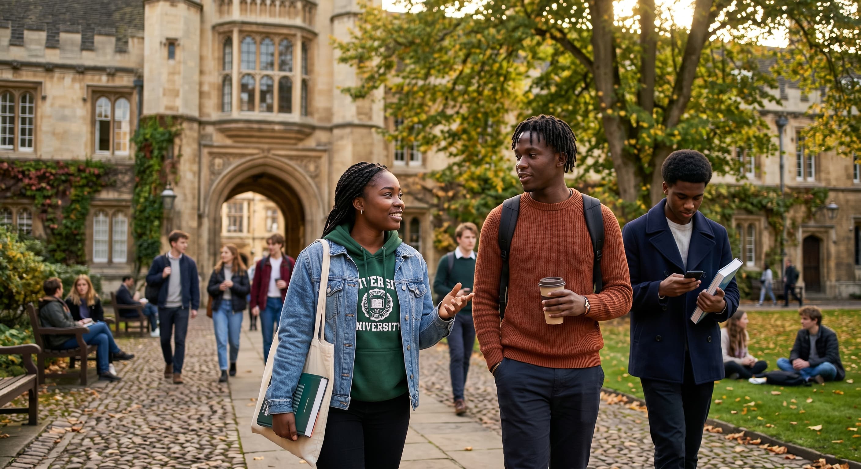 Groupe de trois étudiants africains échangeant sur les cours dans une cour universitaire