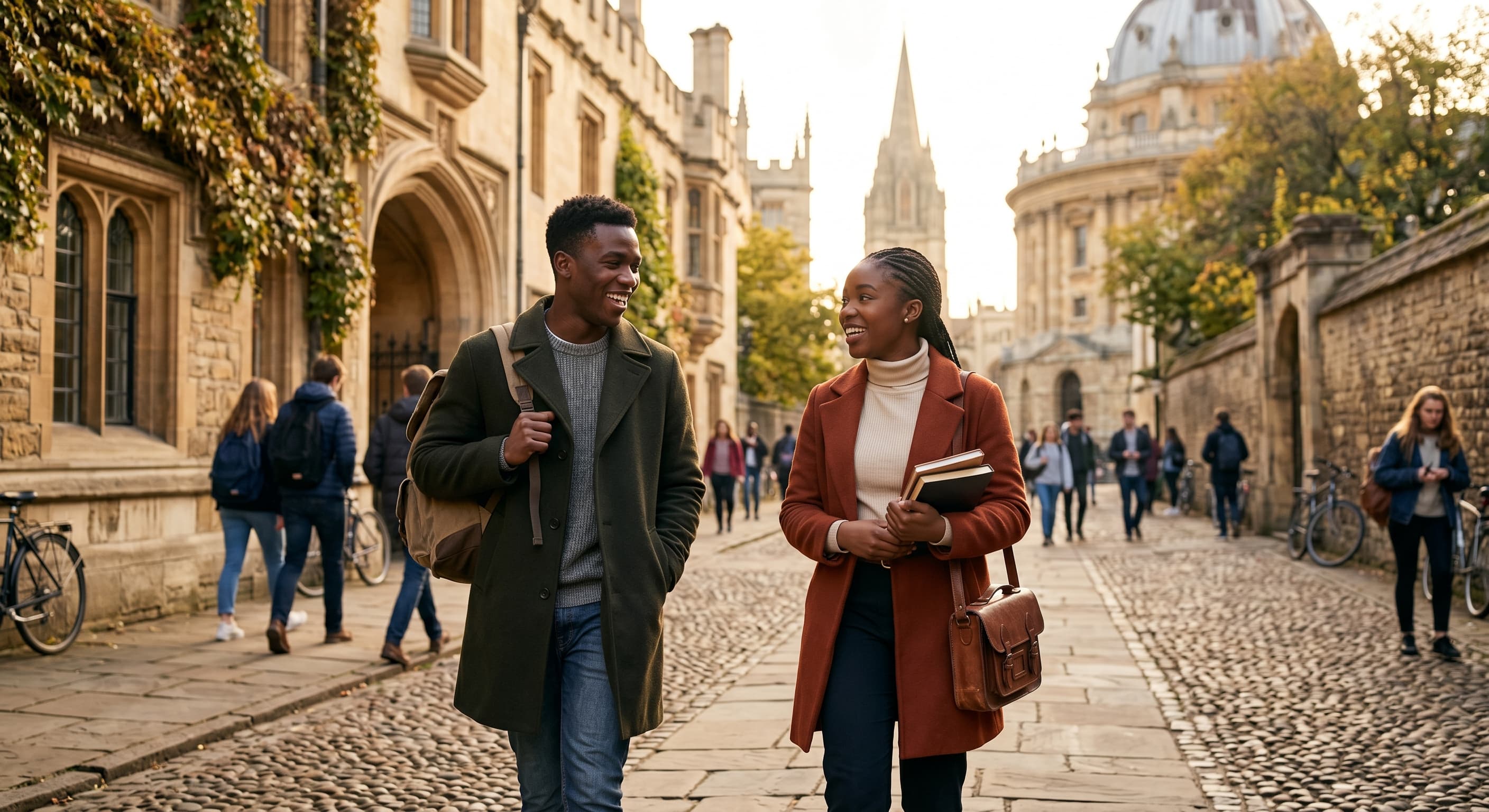 Deux étudiants africains sur une rue pavée historique d'Oxford, se dirigeant vers leur faculté
