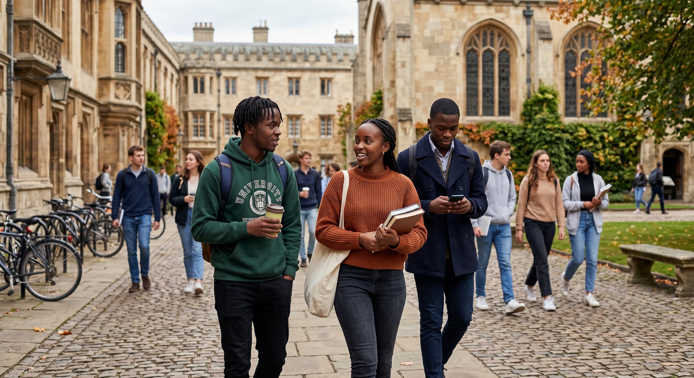 Trois étudiants africains marchant ensemble sur un campus européen, échangeant autour d'un café après les cours