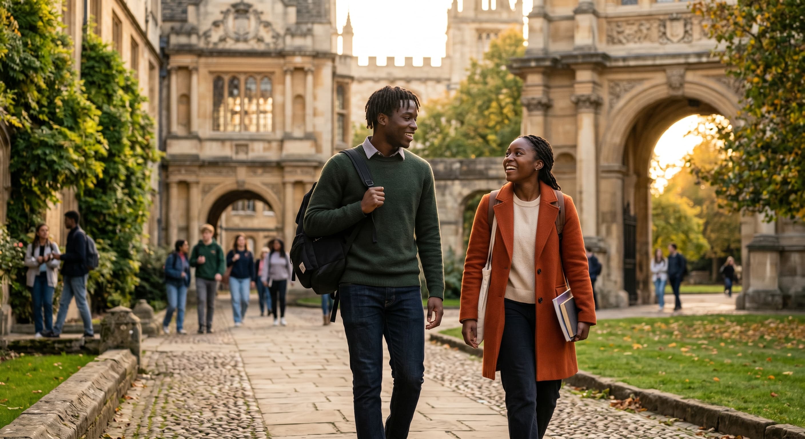 Couple d'étudiants africains devant le portail gothique d'une université européenne